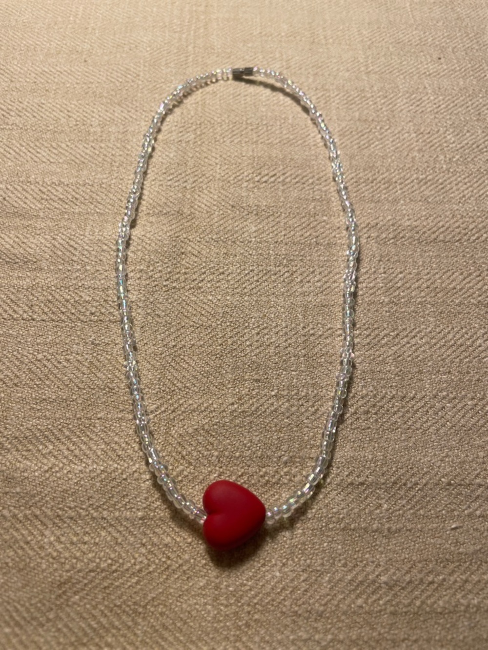 Red Heart Bead Necklace with Clear Glass Beads 14”